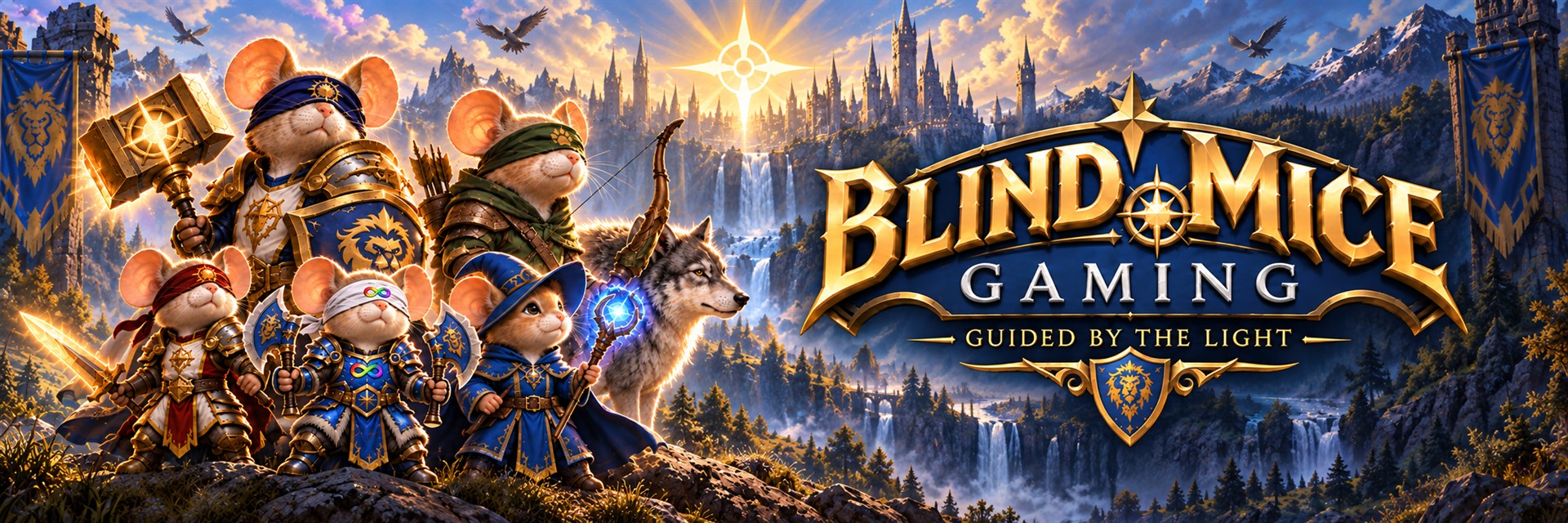 The Blind Mice Gaming family standing before a mountain castle: five mice and a wolf, with the gold Blind Mice Gaming crest.
